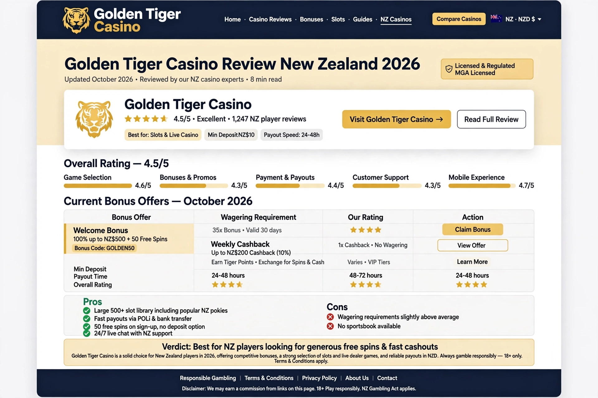 Golden Tiger Casino Review New Zealand 2026 — Full Guide for Kiwis
